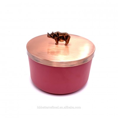 red empty candle jar with decorative animal metal handle glass wax cup container soy wax tiger rhino elephant mouse rat deer