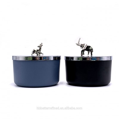 BOWL empty candle jar with decorative animal metal handle glass MATTE BLACK BLUE soy wax tiger rhino elephant mouse rat deer