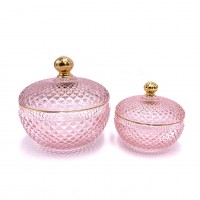 Unique Decorative light pink Multipurpose Antique Design Glass Candy Jar with Lids 500ml GEO Cut Glass Candle Jar 600ml