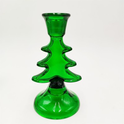 Xmas tree shaped tall glass candlestick holder green candle holder