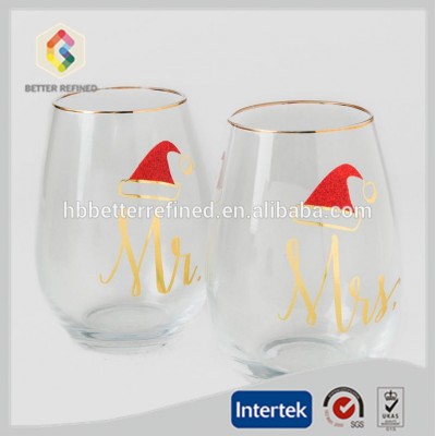 Gold Mr. and Mrs. Santa Hat Stemless Wine Glass Set