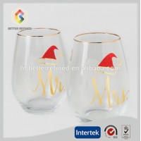 Gold Mr. and Mrs. Santa Hat Stemless Wine Glass Set